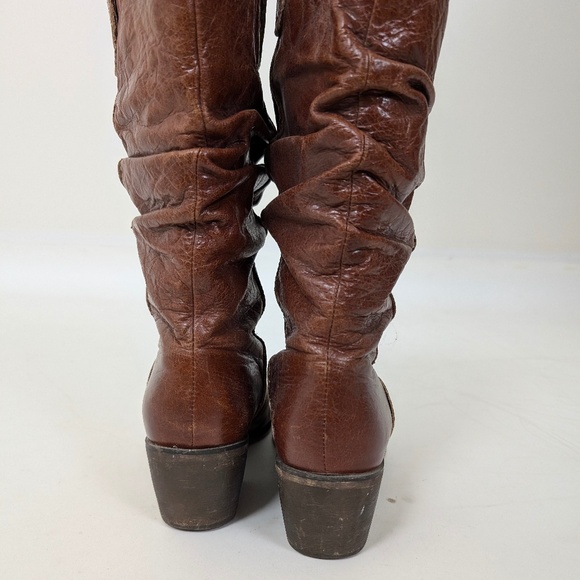 Brown Leather Cowgirl Cowboy Boots Mesh Lining Heeled Slouchy - Picture 5 of 12